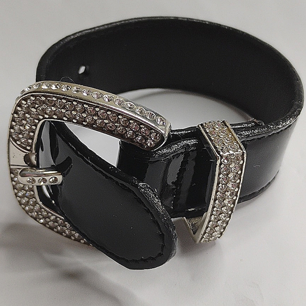 Brighton Buckle Bracelet With Rhinestones Silver Tone Patent Leather